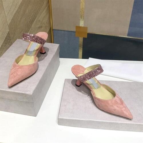 2020 Women High Heels Pink Slippers Pointed Toe Suede Bling Ladies Shoes High Quality Slides Luxury Designer Zapatos De Mujer