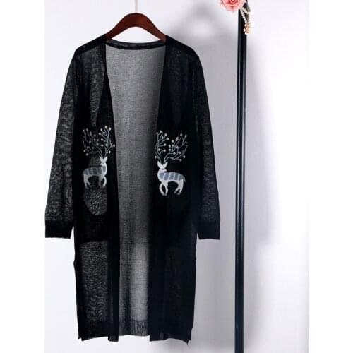 Shuchan 2019 Summer Linen Long Cardigans Women Office Lady V-neck Long Sleeve Embroidery Animal Thin Sweater Women CDDM-601-1934