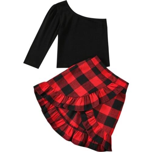 1-4 years spring Girls Outfits Two Piece Suit Fashion One-shoulder Long Sleeve Tops and Plaid Ruffle Short Skirt