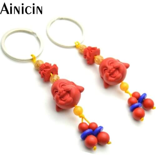 2pcs Fashion Key Chains Red Cinnabar Buddha Head Carved Key Holder For Men and Women Jewelry Christmas Gift