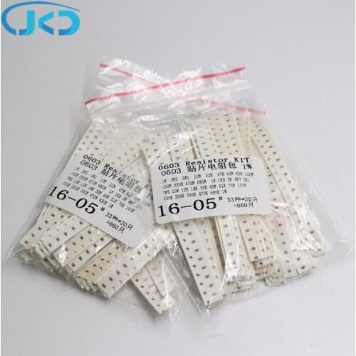 33values*20pcs=660pcs 0603 Resistor Kit Assorted 1R to 1M ohm 1% SMD Sample Kit DIY 3.3R 5.1R 10R 47R 10K 0603 smd Resistor kit