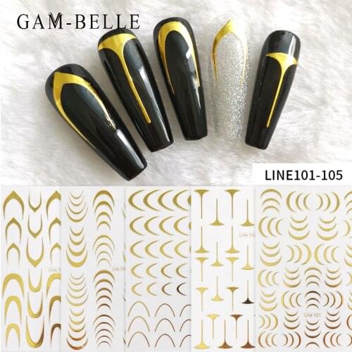 GAM-BELLE 3D Nail Stickers Adhesive Gold Silver Arc Geometric Pattern Nail Art Decoration Adhesive DIY Foil Decals Accessories