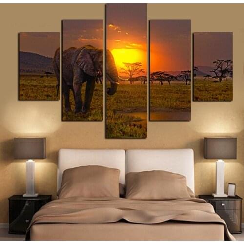 5Panel Canvas Art African Elephant Under Sunset Landscape Painting Modern Modular Wall Picture for Living Room Sofa Cuadros
