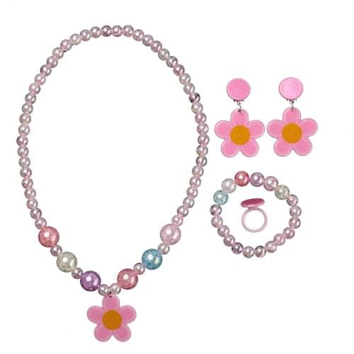 5Pcs Imitation Pearl Jewelry Set Cosplay Princess Necklace with Flower Strawberry Necklace Outfits Children Party Accessories