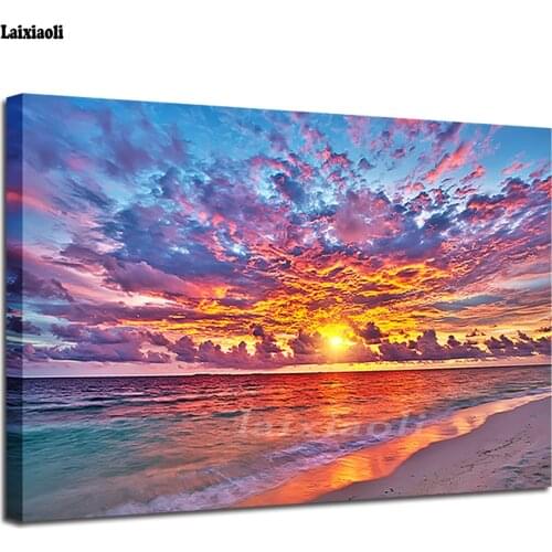 5D Diamond painting Sunset Glow Cloud Painting Beach Waves Seascape Full Square round Drill Mosaic Embroidery Painting decor art