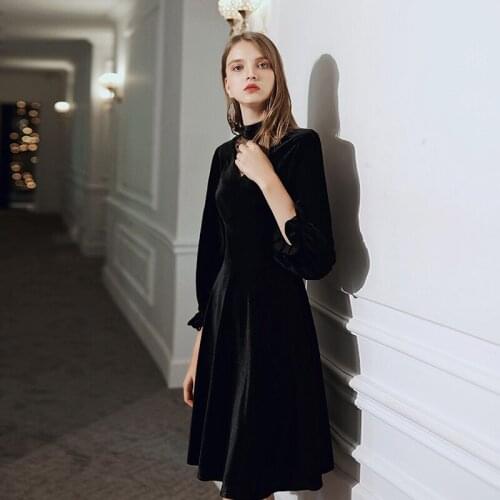 Black cocktail dress cheap round Neck Long sleeves graduation party dress fashion cocktail dress Velour