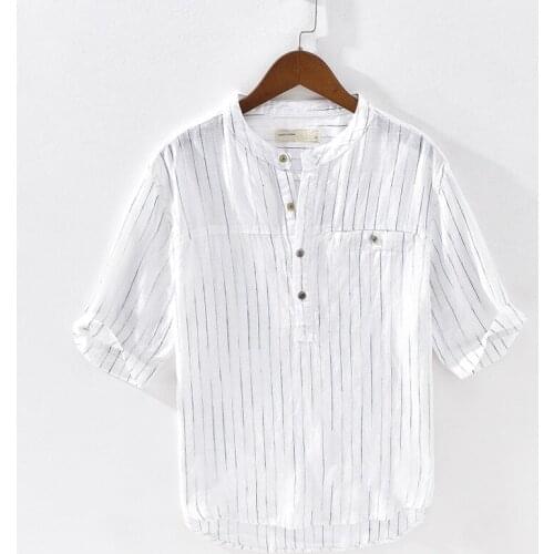 Men Shirt Pullover Striped 100% Linen Shirt Men Summer Breathable Flax Half Sleeve Dress Shirts Camisas Para Hombre TS-631