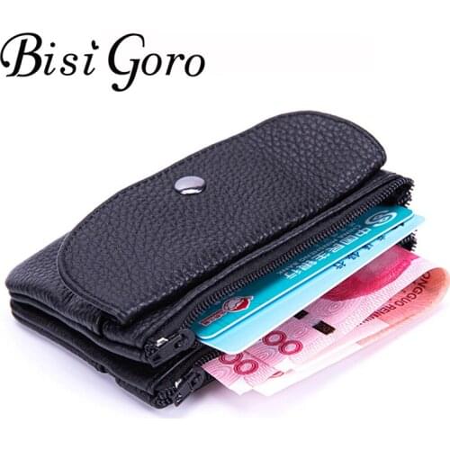 BISI GORO Mini Coin Purse Cow Leather Simple Wallet for Men Women Zipper Black Coffee Minimalist Travel Cards Holder 2020 New
