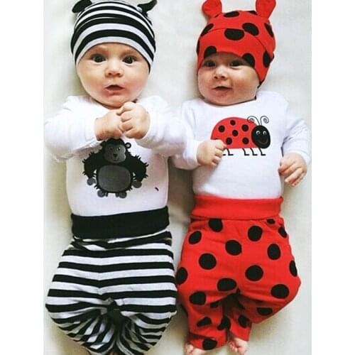 3Pcs Suit Newborn Infants Boys Girls Rompers +Long Pants +Hats Cartoon Outfits Set Baby Clothes Clothing Set