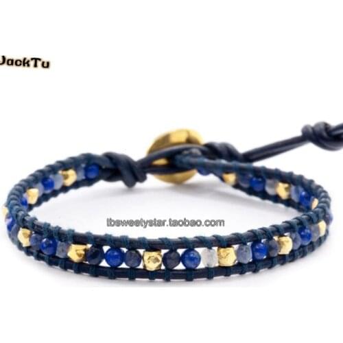 Lapis gold nuggets leather wrap bracelet for woman and men