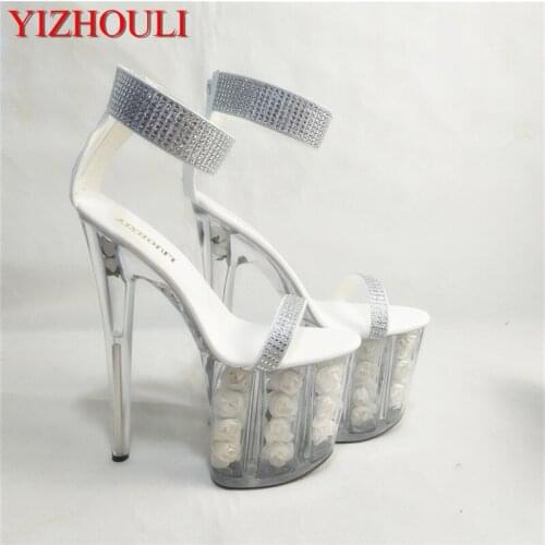 Hot-Selling Womens Shoes Cutout Crystal Shoes 20cm Ultra High Heels Sandals White Flowers Wedding Shoes
