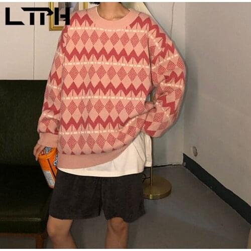 LTPH vintage argyle sweaters women oversized loose jumpers korean fashion streetwear pullovers long sleeve top 2021 autumn new