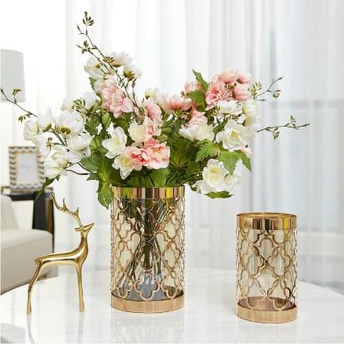 Nordic Modern Creative metal Transparent glass vase Golden print home Flower arrangement accessories expensive decoration WJ804