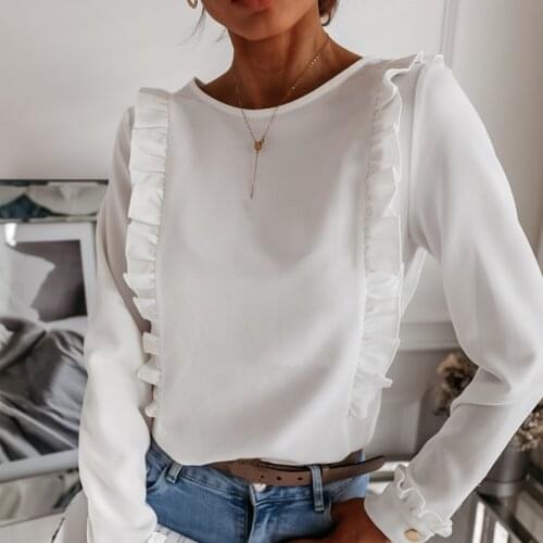 Office Lady Long Sleeve Shirts Back Button Frill Trim Streetwear Women Top Clothes Plus Size Harajuku TShirt Casual Solid Shirt