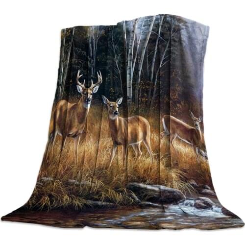 Autumn Forest River Animal Deer Flannel Blanket Portable Soft Throw Blanket Warm Microfiber Blankets for Beds