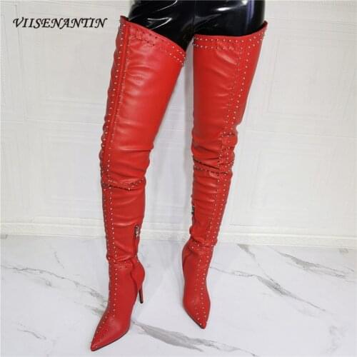 Sexy Catwalk Thigh Boots with Rivets and Pointed Toe Stiletto Heel Side Zipper Fashion Slim Stretch Red Over-the-knee Boots