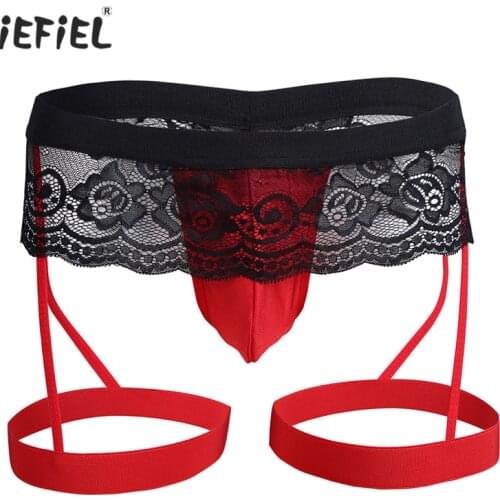 Sexy Lingerie Lace Mens Thongs and G-strings Bikini Gay Underwear Underpants Bulge Pouch Open Crotch Sissy Panties with Garters