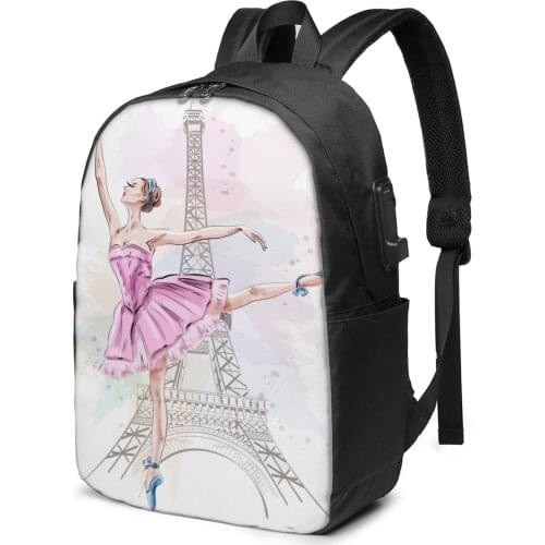 School Bag for Boy and Girl Ballerina Dancing On Eiffel Tower Backpack with USB Charging Funny Daypack For Teenager Student
