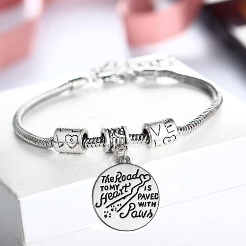 Animals Rescue Bracelet The Road To My Heart Is Paved With Paws Bracelets Dog Lovers Gifts Paw Print Pet Memorial Bangle Jewelry