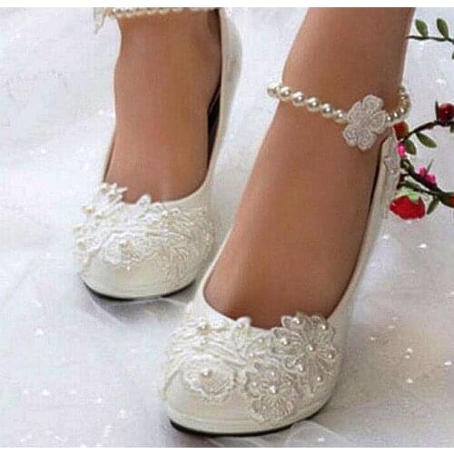 9CM high heel white lace bridal pumps shoes woman handmade ankle beading straps lace flower bridal girls bridesmaid party pumps