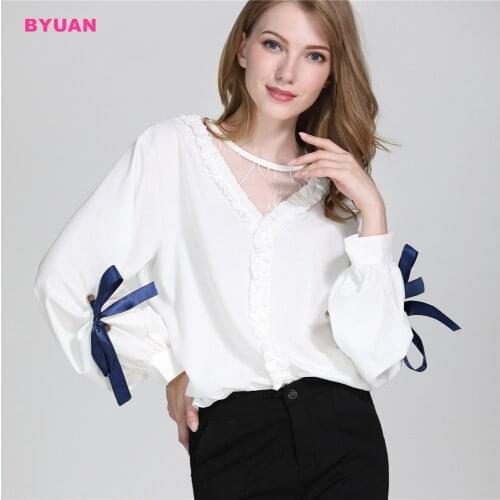 BYUAN Elegant Women Blouses 2018 Autumn White Office Lady Blouse Bow Lantern Sleeve Womens Shirt Tops and Blouses Female Shirts
