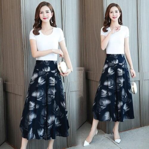 2019 summer new fashion large size elastic waist nine points wide leg pants female