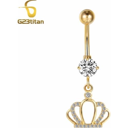 G23titan Women Body Jewelry Gold Color Crown Navel Ear Piercing Rings Surgical Steel 14G Belly Bar Ear Plugs Navel Earring