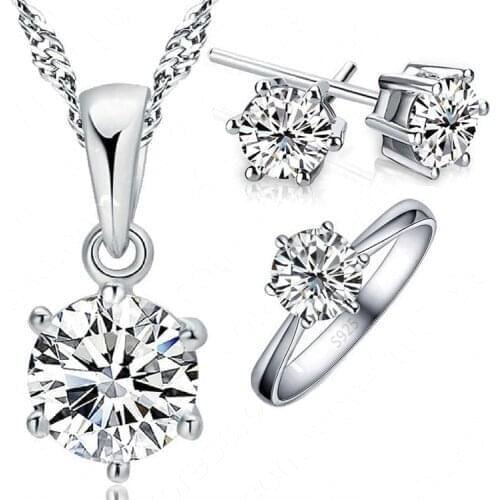 Womans Birthday Gift Wedding Jewelry Set Fashion 925 Sterling Silver Crystal Necklace Ring Earring 3 pcs/set