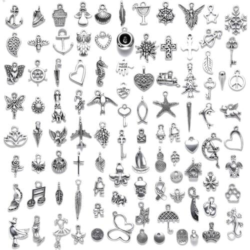 100 Pcs/Set Lots Tibetan Silver Plated Mixed Styles Charm Pendants DIY Jewelry for Necklace Bracelet