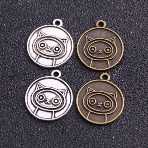 15pcs 22*26mm Two Color Cute Cat Round Pendant Animal Pendant Jewelry Metal Alloy DIY Handmade Discovery