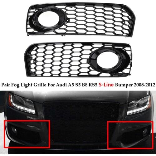 2x Black Car Fog Light Lamp Grill Cover Honeycomb Hex Front Grille Grill For Audi A5 S-Line / S5 B8 RS5 2008 2009 2010 2011 2012