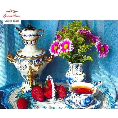 GOLDEN PANNO Diamond Painting Full Square 5D Diy Daimond Embroidery Diamant Mosaic Sale rhinestones pictures Flower And Tea 03