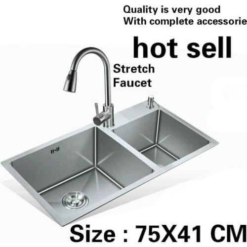 Free shipping Household luxury stretch faucet kitchen manual sink double groove 304 food grade stainless steel hot sell 75x41 CM