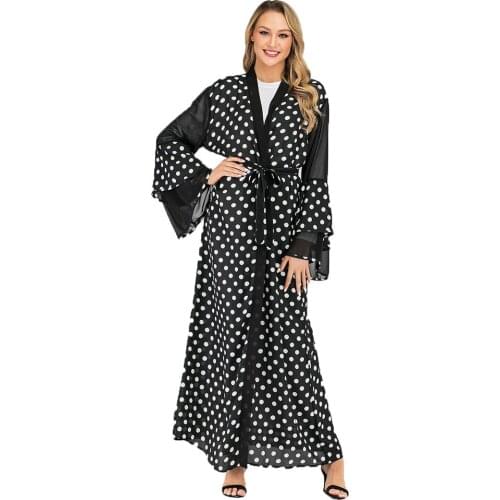 BianFeng Womens Muslim Fashion Polka Dot Abaya Long Sleeve Solid Cardigan Robe Color Black