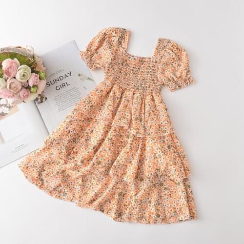 Kids Clothes Girls Summer Dress 2021 Floral Holiday Princess Dress Puff Sleeve Chiffon Layered Long Vestidos Children Dresses