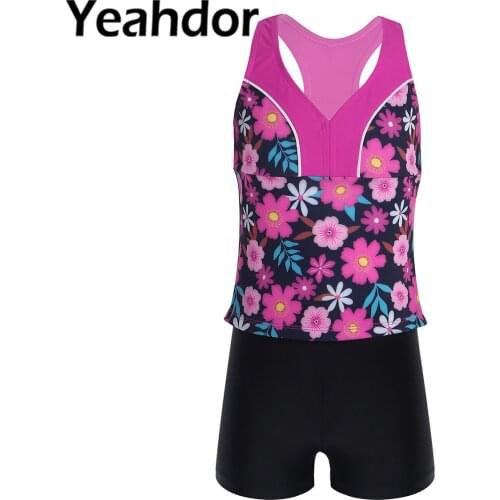 Kids Girls Swimwear Bathing Suit V Neck Sleeveless Racer Back Swimming Tops and Shorts Set Swimsuit Jumpsuit Beach Costume