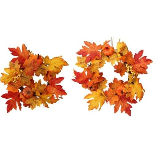 E56C Thanksgiving Wreath Pumpkin Berries Maple Leaves Harvest Day Fall Door Wreath Halloween Decorations