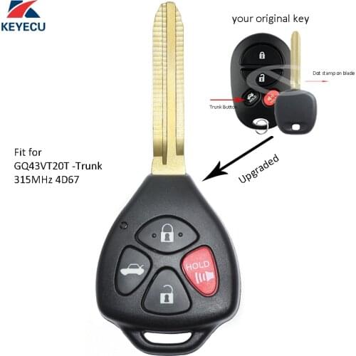 KEYECU Replacement Upgraded Remote Key Fob 4 Button 315MHz 4D67 for Toyota Avalon Solar 2005-2008 - GQ43VT20T - Trunk
