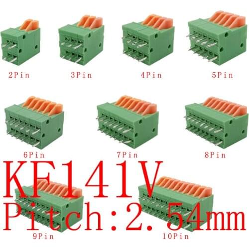 KF141V Pitch 2.54mm Terminal Blocks Straight Needle PCB Mounted Spring Screless 2/3/4/5/6/7/8/9P/10Pin Terminals Cable Connector