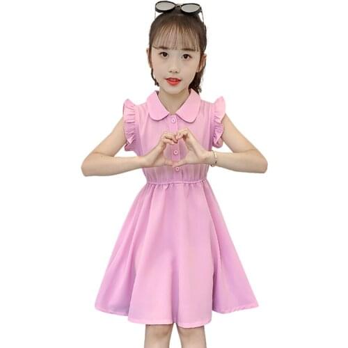 Girl Dresses Solid Color Party Dress For Kids Girl Flare Sleeve Children Dresses Summer Clothes Girl 6 8 10 12 14