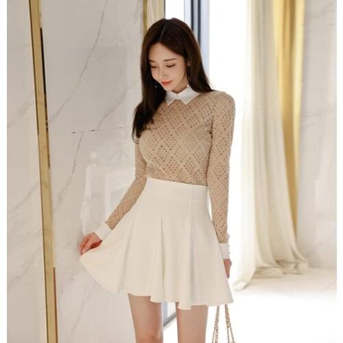 New arrival fashion set women spring temperament casual sexy perspective lace shirt and white pleated a-line skirt two piece set