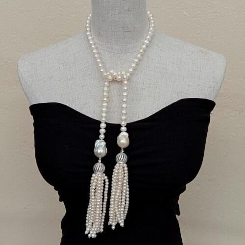 YYGEM Nucleated Flameball Baroque Pearl Freshwater Cultured White Potato Pearl Pearl Long Loop Necklace Pearl Tassel 36"