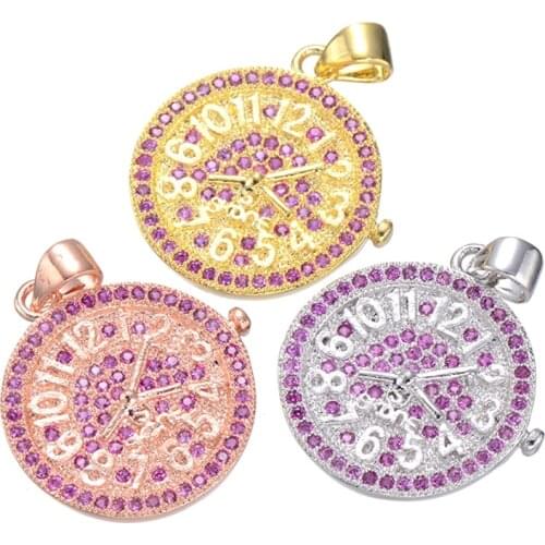 Luxury Designer Micro Pave Zircon Rhinestone Round Clock Pendant For Necklace Jewellery Making Copper Metal Slide Charms DIY