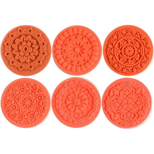 6PCS Floral Wood Stamp Round Vintage Floral Pattern Rubber Stamp DIY Craft Pottery Polymer Clay Scrapbook Embossing Decoration