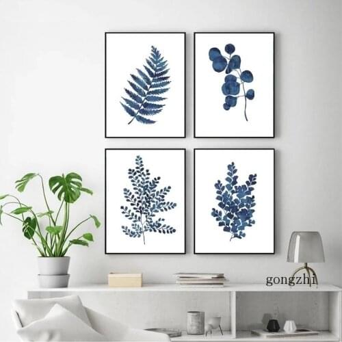 Nordic Ink Blue Indigo Leaves Fern Plant Posters and Prints Canvas Minimalist Painting Living Room Home Decor Wall Art Pictures