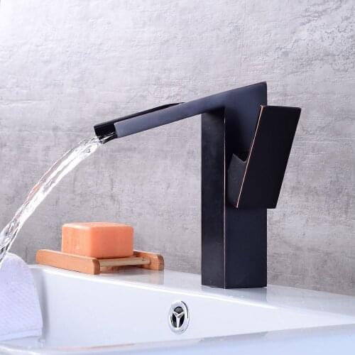 Bathroom Waterfall Faucet Basin Faucet Black Oil Brushed Brass Faucet Vanity Vessel Sink Mixer Cold And Hot Water Tap Deck Mount
