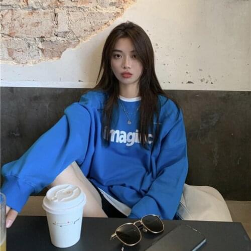Loose Sweater, Simple Letters, Thin, Round Neck, Long Sleeves, Drop Shoulders, Blue, One Size