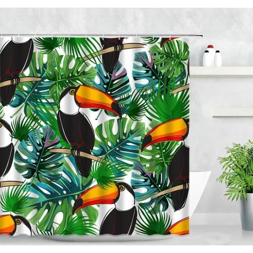 Tropical Plant Shower Curtain Set Toucan Palm Leaf Green Leaf Birds Print Home Decor Screens Waterproof Fabric Bathroom Curtains