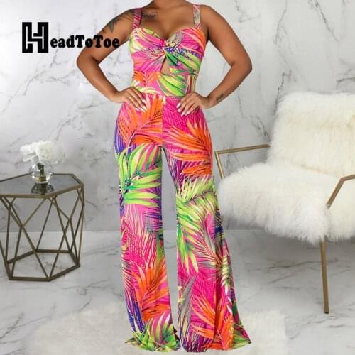 Tropical Print Colorblock Fashion Tropical Romper Woman Thick Strap Round Neck Straight Jumpsuits for Women