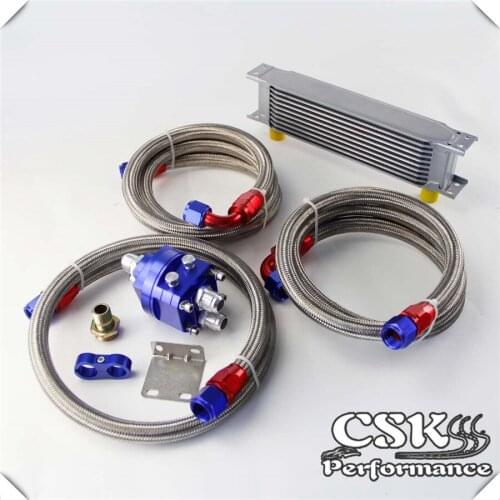 10 Row AN10 Universal Engine Transmission Oil Cooler British Type + Filter Adapter Kit Blue